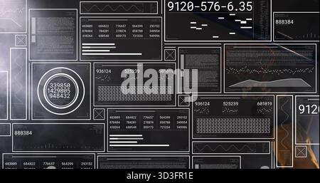 Displaying tiled dark UI panels glowing on control-room display, with circular numeric dial Stock Photo