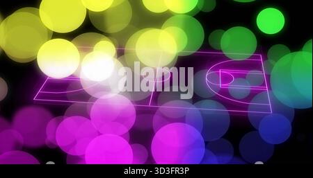 Showing neon wireframe basketball court glowing in digital void, with bokeh circles drifting Stock Photo