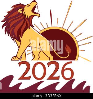 Majestic Lion Roaring Towards a Fiery Sunrise Symbolizing Power and New Beginnings in 2026 Stock Vector