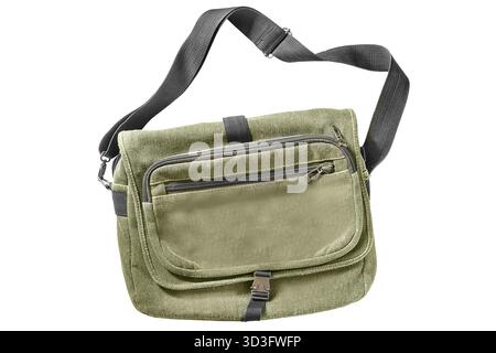 Khaki green canvas shoulder bag isolated on white background Stock Photo
