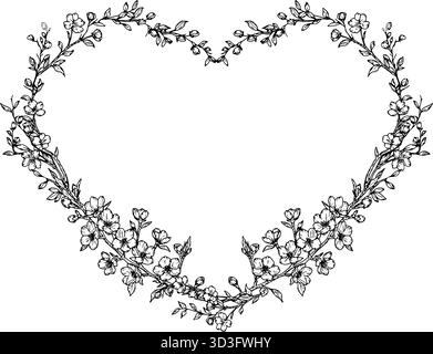 Flower frame from cherry blossom branches, sketch. Vector illustration. Heart-shaped frame made of flowers isolated on a white background. For cards, Stock Vector