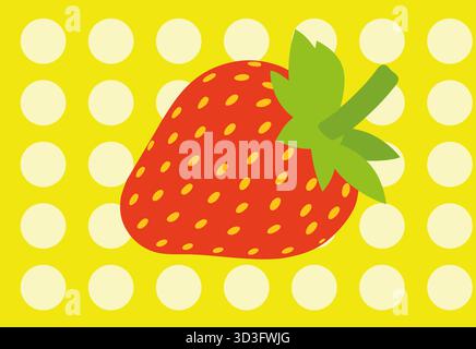 A vivid red strawberry sits prominently on a bright yellow surface marked with white polka dots. The green leaves add a fresh touch to the cheerful de Stock Photo