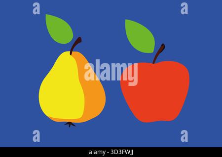 Two fruit illustrations are shown against a blue background. A pear in yellow and orange sits beside a red apple, both featuring green leaves. The des Stock Photo