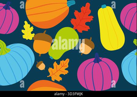 A bright arrangement of pumpkins, acorns, and colorful leaves showcases the beauty of autumn. The lively colors enhance the festive mood, perfect for Stock Photo