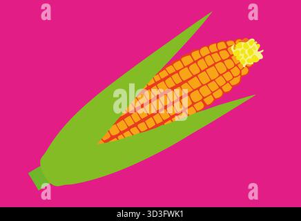 A bright illustration shows fresh corn on the cob, with vibrant yellow kernels and green leaves, set against a striking pink background, highlighting Stock Photo