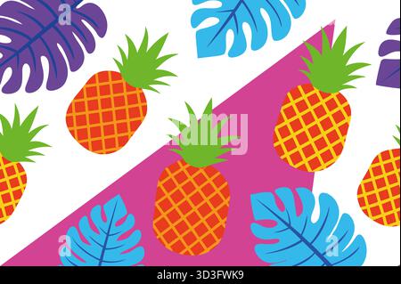 A vibrant pattern showcases bright orange pineapples surrounded by colorful tropical leaves on a pink and blue background, perfect for summer decor or Stock Photo