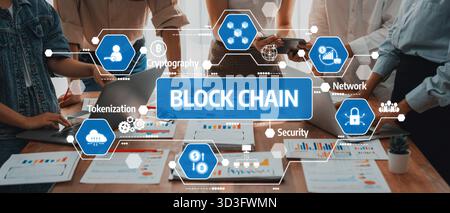 This image illustrates a professional setting focused on blockchain concepts including security and network, depicting teamwork and innovation in Stock Photo