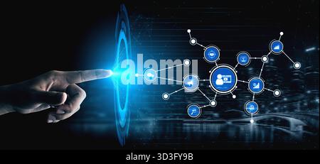 A futuristic concept of digital interaction featuring a hand reaching out to connect with technology icons. Perfect for illustrating innovation and Stock Photo