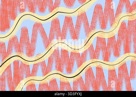 Colorful abstract line art featuring wavy black and cream lines over zigzag orange patterns on a soft blue background, creating dynamic movement and v Stock Photo