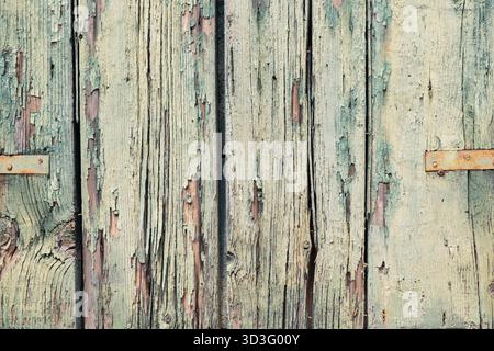 Close-up of weathered wooden boards with peeling pale green paint, revealing natural textures. The rusted metal hinges add to the rustic and aged appe Stock Photo