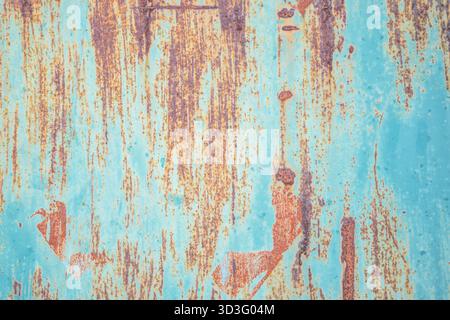 Close-up of a rusted metal surface in teal, showcasing a unique textured patina. The weathering creates a blend of earthy brown and blue tones, ideal Stock Photo