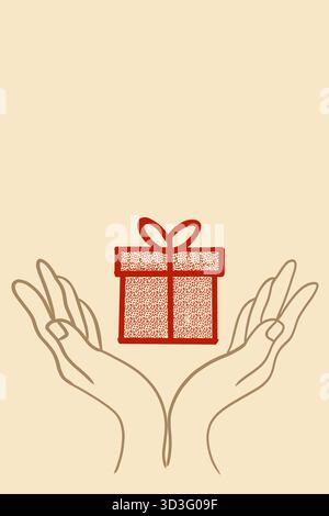 Elegant illustration of open hands presenting a red gift box, symbolizing the spirit of giving, set against a minimalist Christmas pattern for 2026 Ne Stock Photo