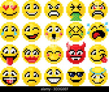 Pixel Art Emoji Emoticon Icon Set Stock Vector