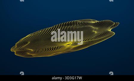This 3D digital artwork features intricate yellow line patterns on a dark, abstract technological background. Stock Photo