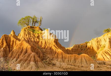 Captivating view of Tatacoa Desert's red rock formations illuminated by sunset, with sparse vegetation and a faint rainbow under a dramatic cloudy sky Stock Photo