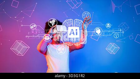 A captivating image showcasing a person engaging with virtual reality while surrounded by floating AI symbols, illustrating advanced technology and Stock Photo