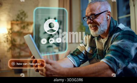 Older man video chatting using AI assistant interface for communication. Graphic collage Stock Photo