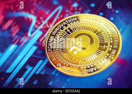 KYIV, UKRAINE - OCTOBER 9, 2025 Polkadot cryptocurrency coin sticker on futuristic blue chart banner. Concept of modern crypto money Stock Photo