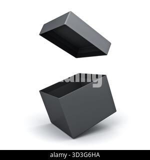 Blank open black box or opened empty black gift box isolated on white background with shadow minimal black friday sale concept 3D rendering Stock Photo