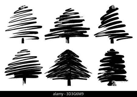 Paint Brush Strokes Christmas Trees Silhouettes Set. Creative brush stroke Christmas trees. Doodle ink painted fir trees for New Year and Christmas Stock Vector