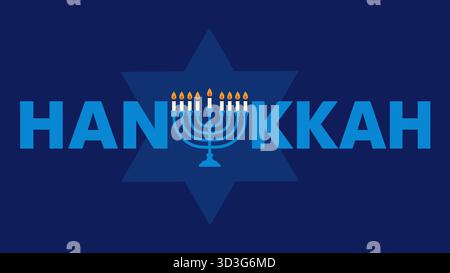 Happy Hanukkah lettering banner with menorah. Modern design for traditional Jewish holiday. Typography with Hanukkah menorah illustration. Vector Stock Vector