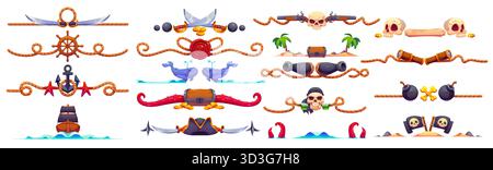 Marine and nautical dividers, pirate and corsair border frame, piracy decorations set for games featuring swords, skulls, cannons, anchors, ships, treasure, bombs, maps, tentacles and tropical islands Stock Vector