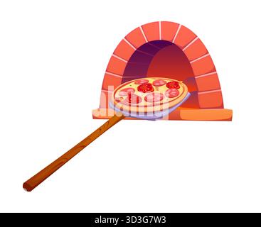 Pizza cooking icon of pizza on peel spatula and fire oven for pizzeria, vector symbol. Pizza cooking process icon of pizzaiolo utensil or pizza peel spatula for food cook and kitchenware equipment Stock Vector
