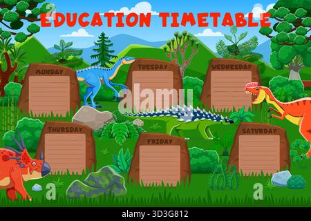 Education timetable schedule with funny prehistoric dinosaurs. Weekly educational planner for kids featuring labeled stone tablets for each weekday surrounded by cartoon dino in lush jungle landscape Stock Vector