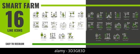 Smart robot farm agriculture technology line icons featuring concepts like pest control, pollination, weeding and plant ripening. Planting seed, seedling, lighting, watering and monitoring with drone Stock Vector