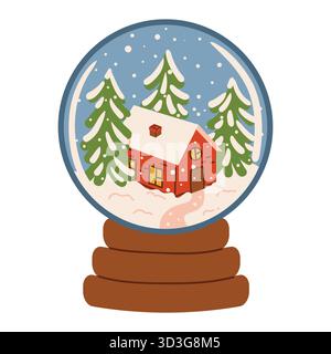 Cute Christmas snow globe with a tiny house and fir trees inside, drawn in flat cartoon style. Perfect for holiday cards, decor, winter design, cozy N Stock Vector