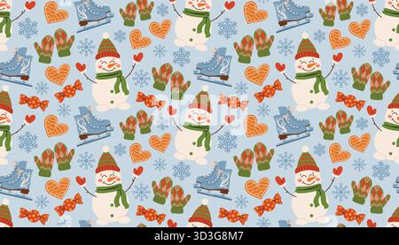 Cute flat cartoon Christmas pattern with gingerbread hearts, snowman, mittens, candies, ice skates, snowflakes scattered on blue background for festiv Stock Vector