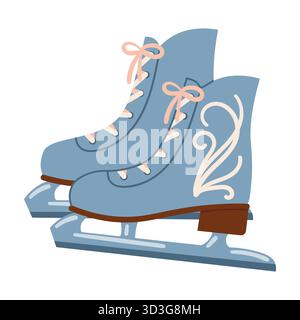 Blue female ice skates decorated with elegant curly lines in flat cartoon style. Winter sport and holiday season symbol, perfect for design, greeting Stock Vector