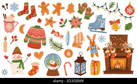 Festive Christmas set with fir branch, toy, hot chocolate, candy cane, gingerbread, snowman, skate, snow globe, and fireplace. Cozy winter holiday moo Stock Vector