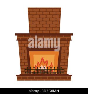Cozy brick fireplace with burning fire in flat cartoon style. Warm holiday atmosphere illustration perfect for Christmas decor, greeting cards, poster Stock Vector