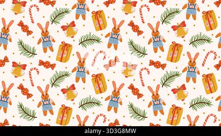 Christmas seamless pattern in flat cartoon style with plush bunny, gift, candy cane, bell, fir branch, and dot in messy order on beige background for Stock Vector