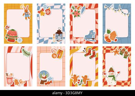Groovy Christmas note page set with cartoon festive frames of stickers like fir branch, snowman, bell, candy cane, gift box, plush bunny, gingerbread Stock Vector