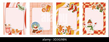 Groovy Christmas note page with festive cartoon frame like socks, snowman, snow globe, gingerbread, gift, hot cocoa, mittens, candy, red berries in cu Stock Vector