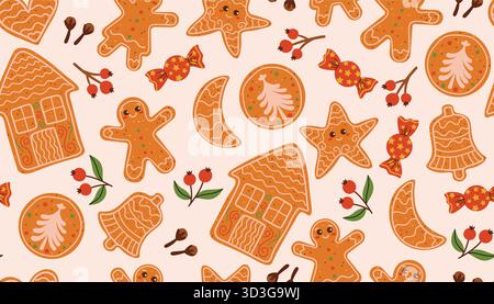 Christmas seamless pattern with gingerbread cookies house, star, heart, man, woman, bell, crescent, round cookie with spruce tree, red berries, candy, Stock Vector