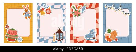 Groovy Christmas note page with cartoon festive frame like winter sweater, lamp, plush bunny, gingerbread house, bell, snowflakes, candle, skates, gar Stock Vector