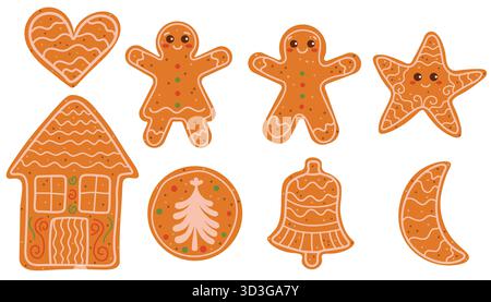 Cute flat cartoon set of Christmas gingerbread cookies set with house, star, heart, man, woman, bell, crescent, round cookie with spruce tree for wint Stock Vector