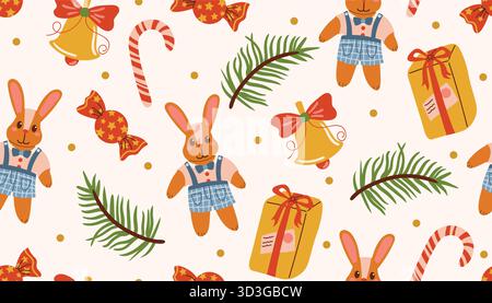 Cute flat cartoon Christmas pattern with plush bunny, gift, candy cane, bell, fir branch, and dots on beige background. Perfect for holiday design, wr Stock Vector