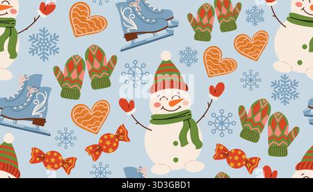 Christmas seamless pattern with gingerbread heart, snowman, mitten, candy, ice skate, snowflake in random order on blue background in cute flat cartoo Stock Vector
