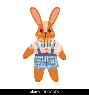 Cute plush bunny with a bow tie, dressed in a T-shirt and blue plaid pants, drawn in flat cartoon style. Adorable soft toy character perfect for kids Stock Vector
