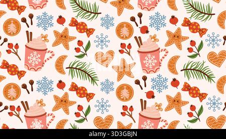 Cute flat cartoon Christmas pattern with a mug of hot cocoa with cinnamon, cloves, gingerbread hearts, stars, moons, red berries, candies, snowflakes, Stock Vector