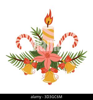 Festive Christmas wreath with fir branches, candy cane, bells, Poinsettia flower, and burning candle in flat cartoon style. Perfect for holiday cards, Stock Vector