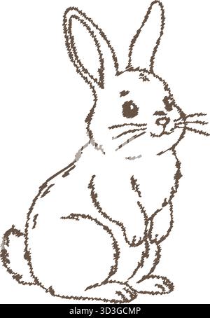 A small bunny sits upright with long ears and soft fur texture drawn in lines Stock Vector