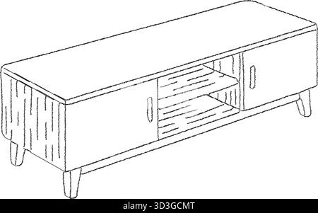 A low entertainment unit features side cabinets central shelves and tapered legs Stock Vector