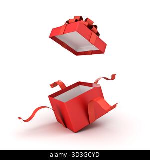 Open red gift box or red present box with red ribbons and bow isolated on white background with shadow 3D rendering Stock Photo