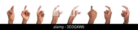 Finger pointing gesture. Black-skinned male hand with outstretched index finger pressing, tapping or selecting button in interactive pose. Isolated on Stock Photo