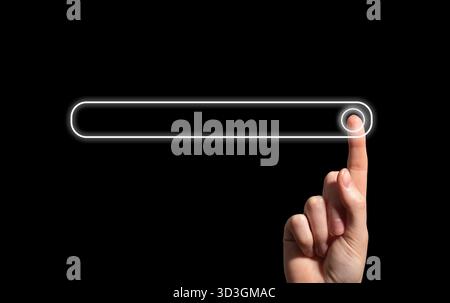 Hand touching glowing virtual search bar on digital interface. Futuristic concept of online navigation and data communication symbolizing modern techn Stock Photo